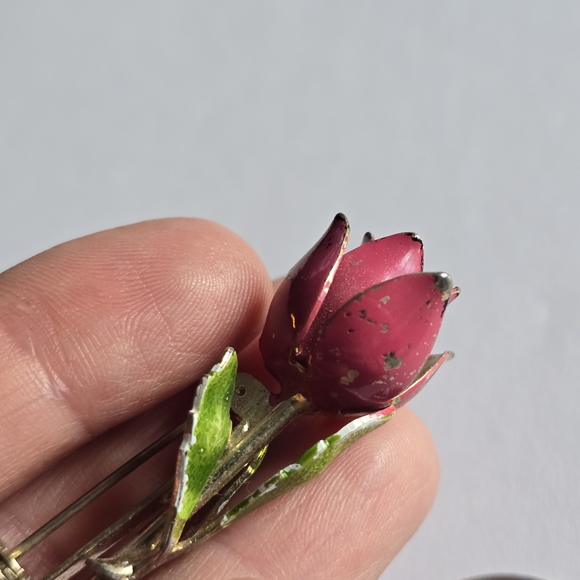 Vintage flower brooch pink green gold tone floral rose tulip pin - Picture 5 of 9